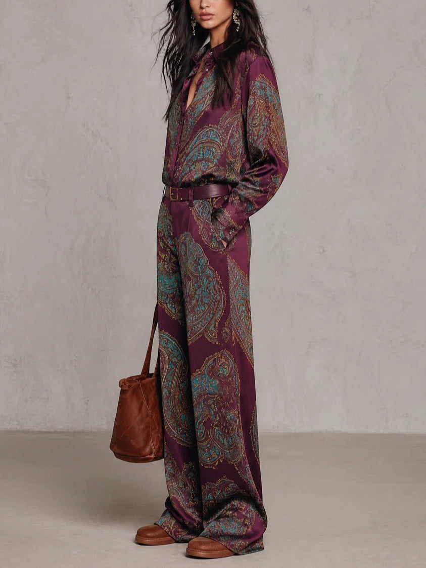 Burgundy Paisley Print Satin Shirt & Wide-Leg Trousers Set