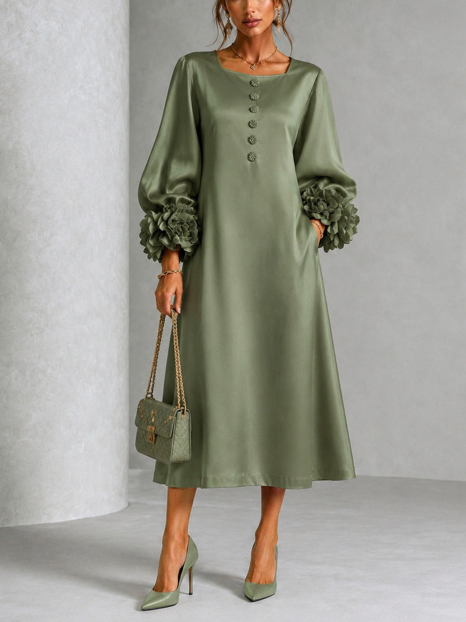 Sage Green Satin Midi Dress with Statement Floral Sleeves