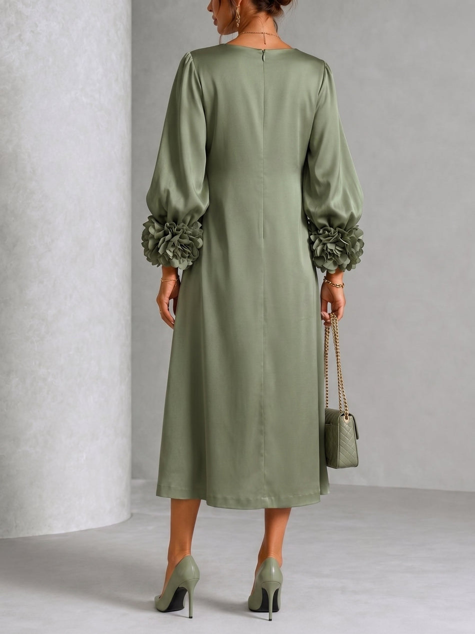 Sage Green Satin Midi Dress with Statement Floral Sleeves