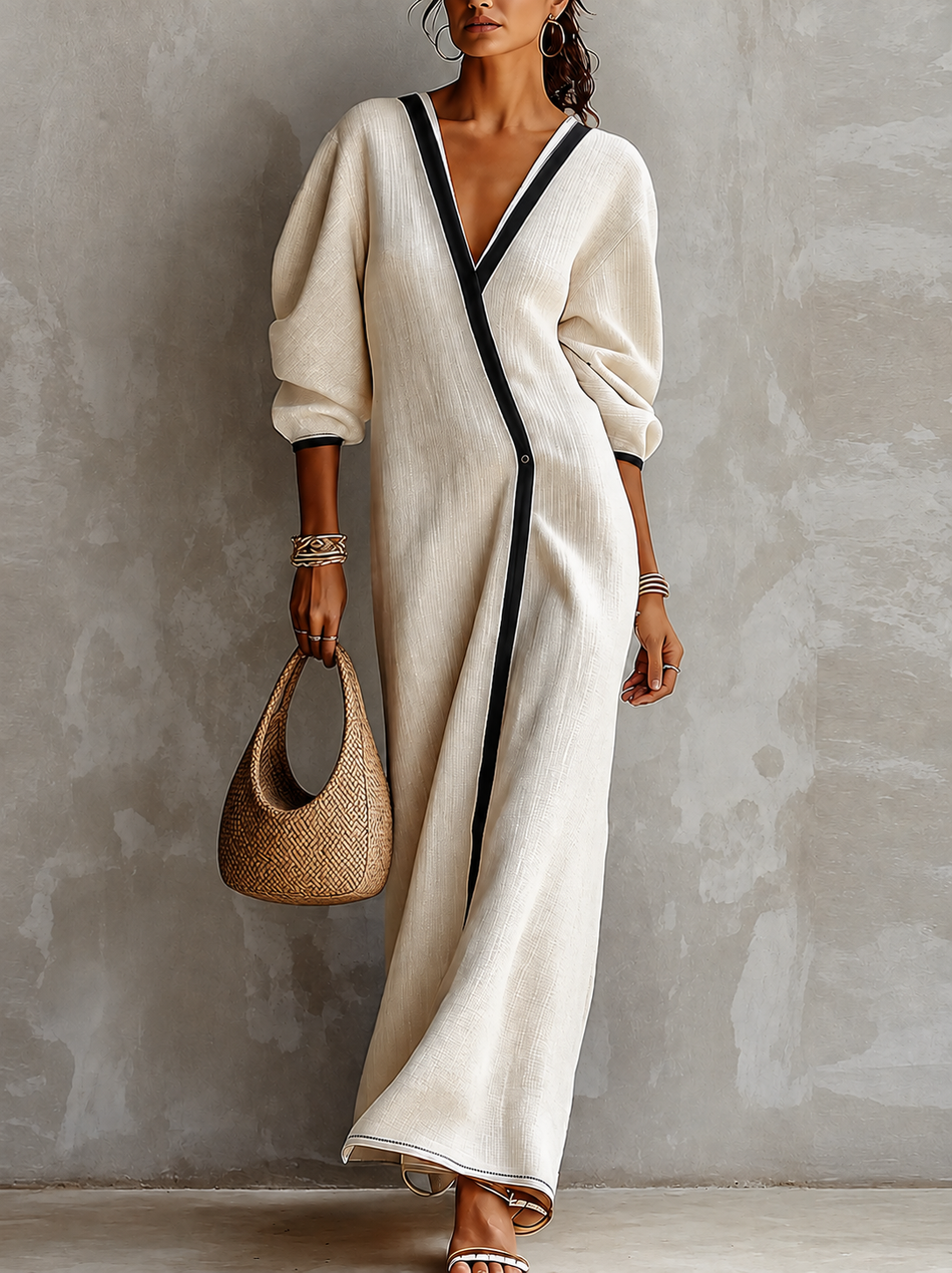 Beige Linen Maxi Dress with V-Neck, Lantern Sleeves & Black Trim