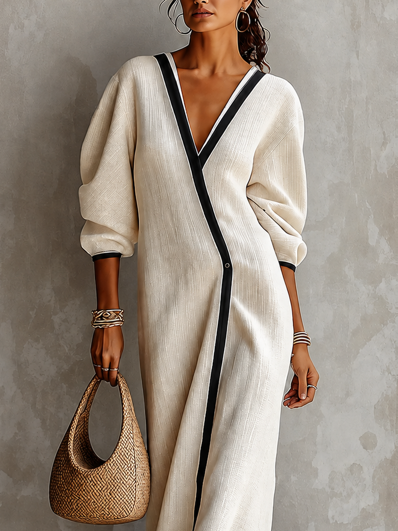 Beige Linen Maxi Dress with V-Neck, Lantern Sleeves & Black Trim