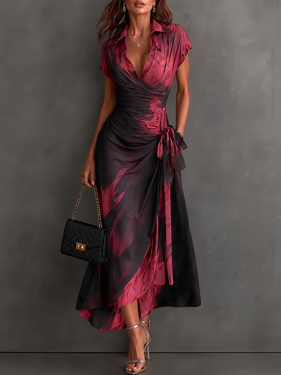Red & Black Abstract Print Wrap Midi Dress with V-Neck, Tie Waist & Ruffle Hem