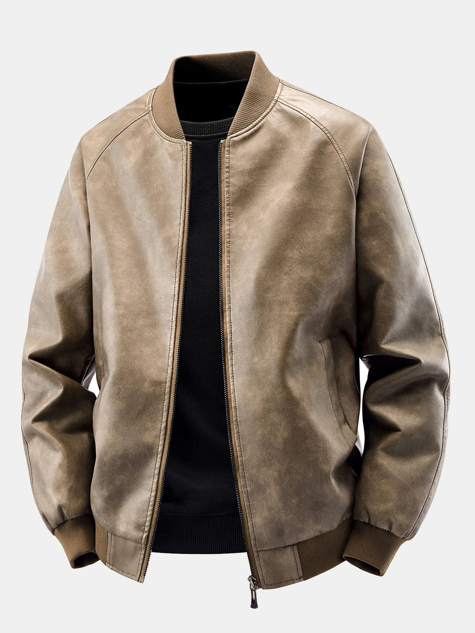 Washed distressed leren bomberjack met fleece voering
