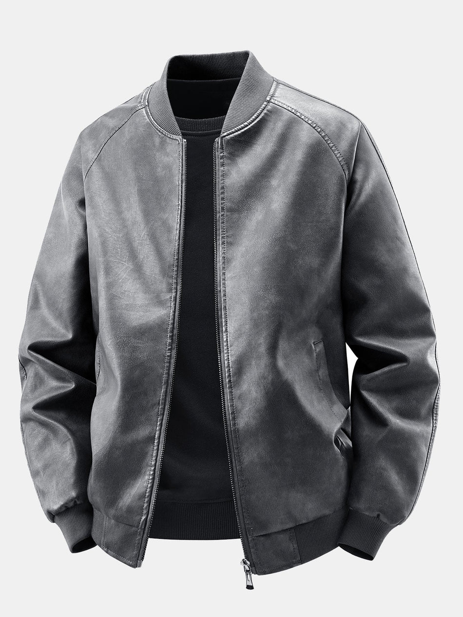 Washed distressed leren bomberjack met fleece voering